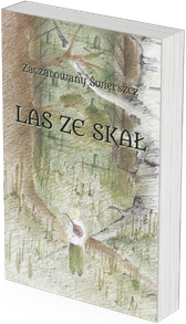 Mock-up książki "Las ze skał", który jest odnośnikiem do strony, gdzie można kupić książkę. Na okładce czarną czcionką z zieloną obwódką podany jest autor: Zaczarowany Świerszcz. Poniżej tytuł pisany taką samą czcionką, ale drukowanymi literami. Rysunek na okładce wykonany jest kredkami akwarelowymi. Ma zielono-brązową kolorystykę. W lesie, pomiędzy dwoma drzewami — brzozą i dębem, widać wieżę z kamienia porośniętą mchem. U dołu okładki odwrócona plecami sylwetka jasnowłosego chłopaka. Chłopak patrzy w górę na wieżę; ma spiczaste elfie uszy i jest ubrany w jasną tunikę i zielone, luźne spodnie. Na plecach ma lutnię. Jego sylwetka jest mała, niższa od otaczających go traw.